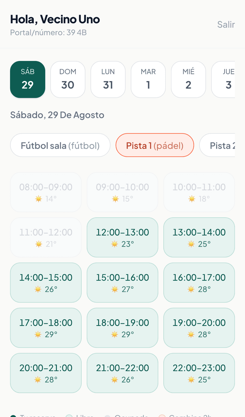 Calendario de reservas de VecinAI en el móvil